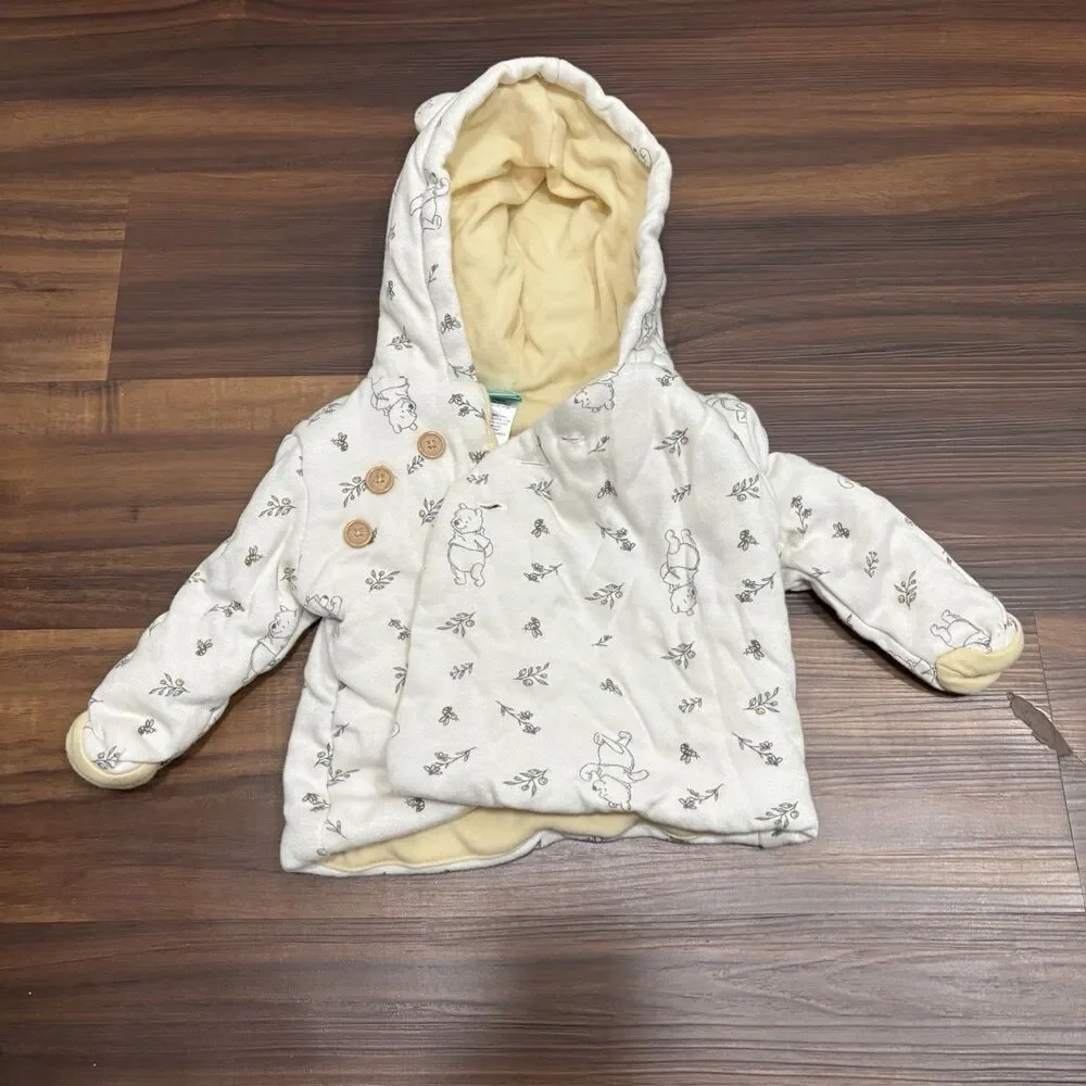 Disney Baby Winnie The Pooh Baby Sz 6/9M Cream Three Button Coat Floral